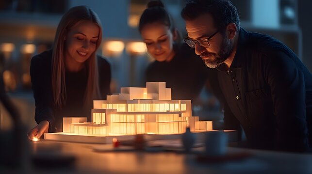 3d visualization designer presenting a 3d model to e28758aa-b34a-4724-9eae-6432d2ebd9ea 1 showcasing architectural design and creativity - Powered by Adobe