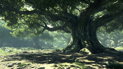 3d video game design featuring an action scene in a large tree forest with rocks grass and vibrant colors for gaming 2