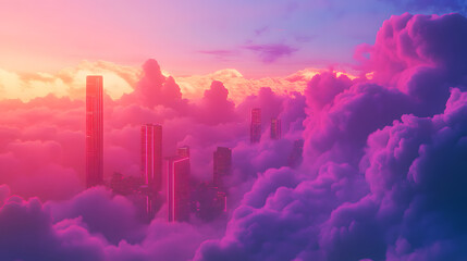 Fototapeta premium Majestic city skyline with skyscrapers emerging through vibrant clouds at sunset