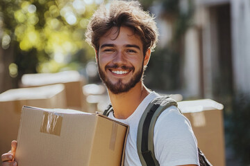 Man carrying boxes in a moving company.