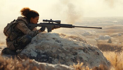 Female sniper lies prone on a rocky hill aiming