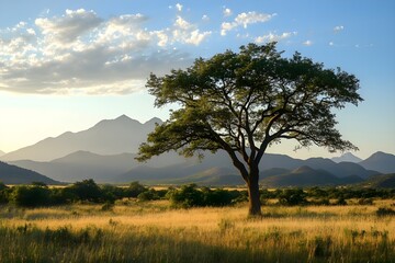 Obraz premium The beauty of the savannah, depicting a large tree standing majestically in a vast field, with towering mountains as a backdrop, depicting the harmony of nature
