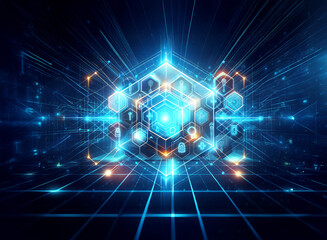 A glowing blue cube with network lines and bright particles radiates in a digital space. Futuristic and abstract technology concept with a sense of connection and motion.
