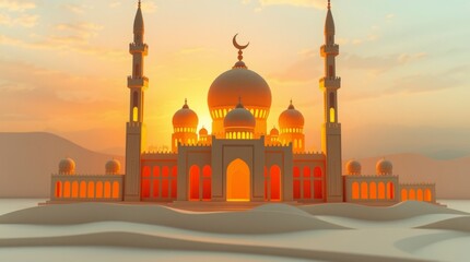 Stunning Mosque Sunset Desert Landscape 3d Render