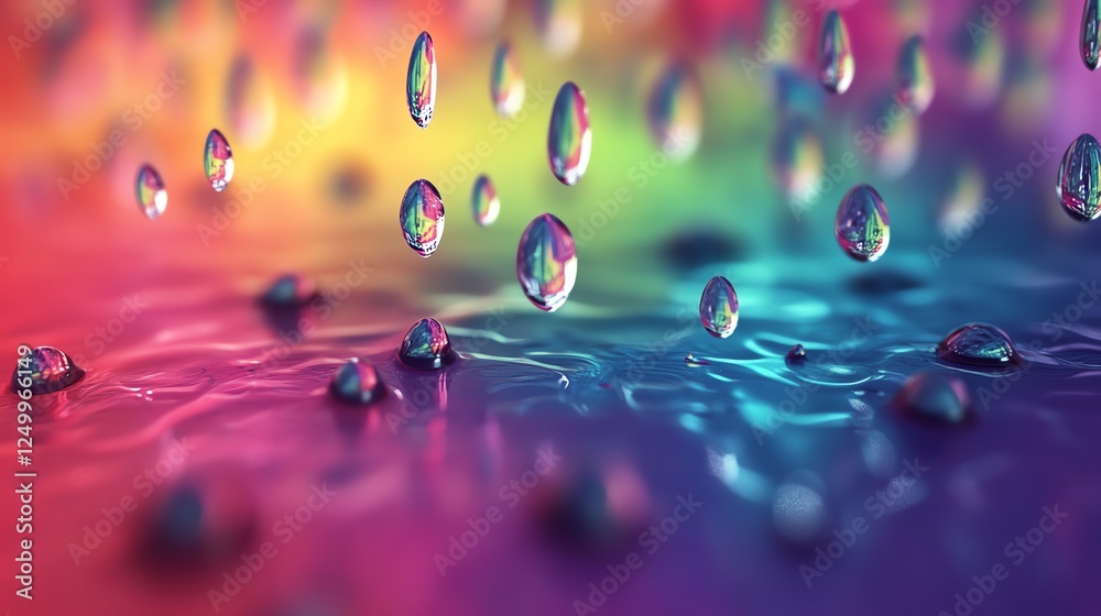 Poster raindrops creating mesmerizing patterns on a colorful, reflective surface during a vibrant light dis
