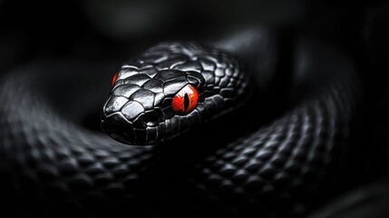 Black snake coiled, red eyes, dark background; wildlife, nature