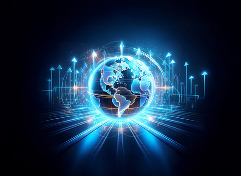 Futuristic digital Earth with glowing blue continents and upward arrows suggesting growth, progress, and global connection in a technological world.