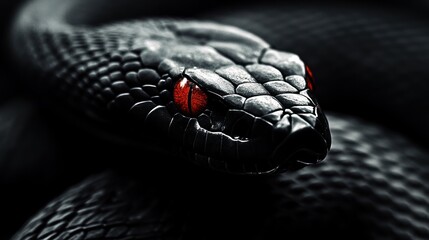 Fototapeta premium Black snake close-up, red eyes, dark background, nature photography, wildlife