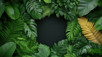 Lush Green Tropical Leaves Frame with Dark Center Space for Text or Graphics