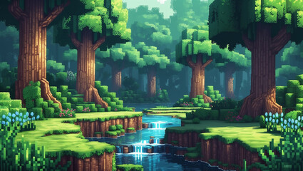 デジタル絵画は、穏やかなマインクラフト風の森を描いています。青々とした木々が生い茂り、穏やかに流れる川と滝が広がっています。