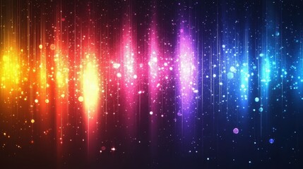 Vibrant rainbow streaks with glittering particles on dark background. Ideal for websites, presentations, or any project needing a colorful, energetic feel.