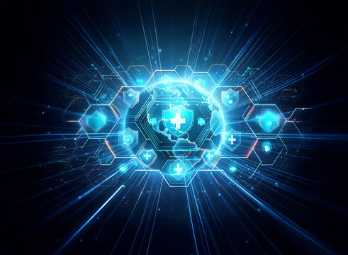 Glowing blue sphere with medical crosses and shields, surrounded by hexagons and radiating rays on a dark background. Futuristic tech and healthcare concept.