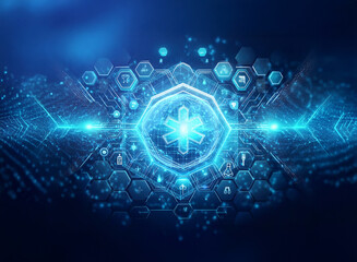 Futuristic blue digital design with glowing hexagons forming a network. Central star symbol radiates light, resembling advanced technology interface.