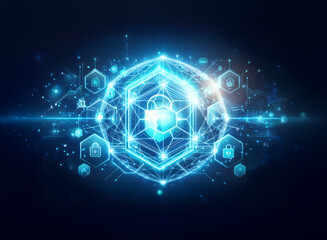 Glowing blue geometric shape with lock icons symbolizes digital security and network protection, surrounded by glowing connections and abstract elements.