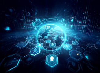 Futuristic digital network. Glowing globe with interconnected data flow, surrounded by hexagonal tiles and blue light. Technology concept.