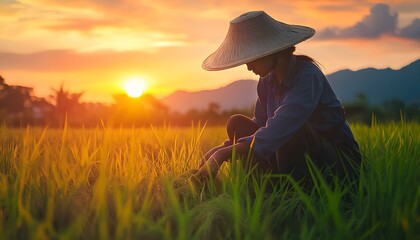 Asian farmer working in rice field during beautiful sunset
