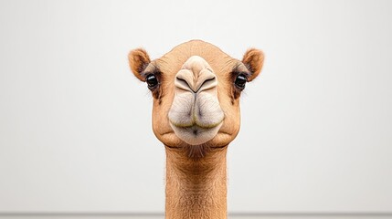 Close-up of a camel's face against a neutral background, showcasing its unique features and expression