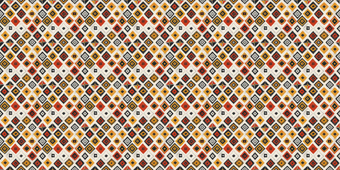 Abstract African art shapes seamless backgrounds, tribal geometric decoration patterns. Colored flat boho symbols illustrations	