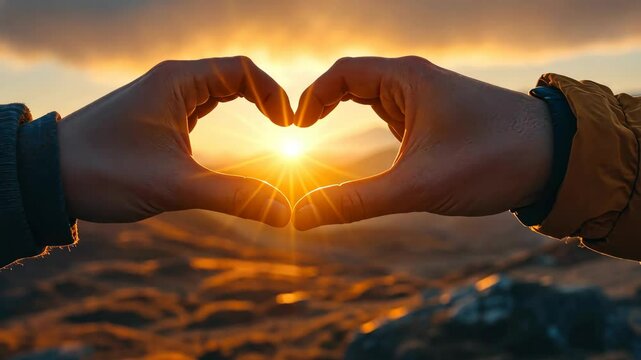 Close-up of two hands forming a heart with fingers against sunrise, glowing light between hands, warm golden tones, expressing love and positivity, scenic view