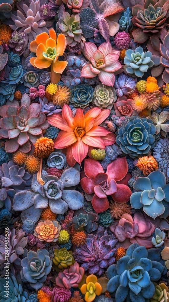 Poster Vibrant succulents in various shapes fill the ground, creating an enchanting pattern that highlights nature's beauty. Focus stacking reveals the intricate details and colors of each plant