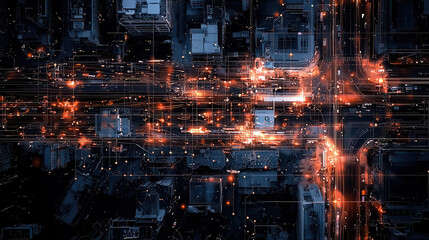 Fototapeta premium Digital landscape showcasing vibrant network of lights and connections in city. abstract representation evokes sense of technology and movement