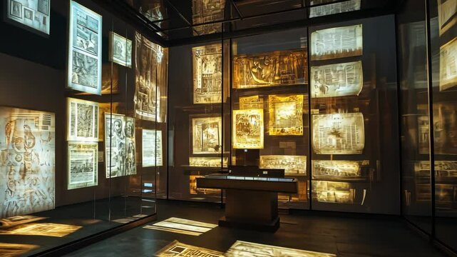Digital archive room filled with screens displaying high-quality scans of historical documents, representing the future of library science