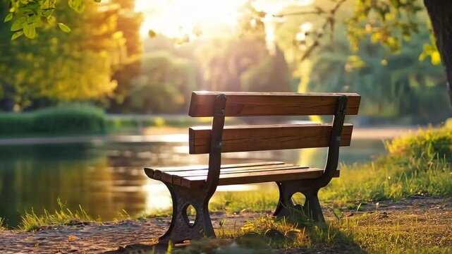 Rustic wooden bench facing calm river, surrounded by trees and soft morning light, perfect for quiet contemplation and relaxation.