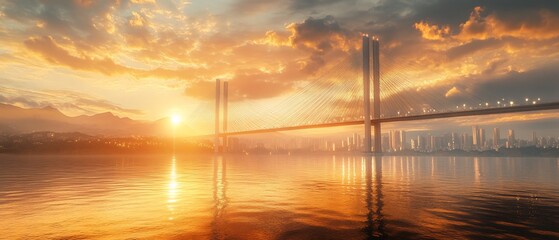 Sunset cityscape bridge, golden hour reflection