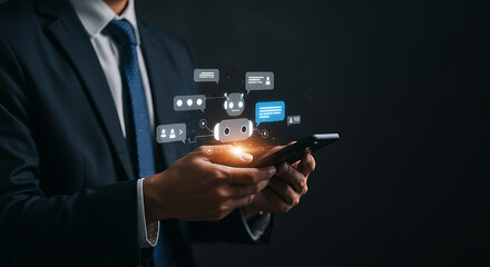 Businessman Using Smartphone With Chat Icons Overlay On Dark Background