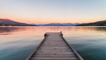 Fototapeta premium Wooden dock extending into tranquil lake at sunset