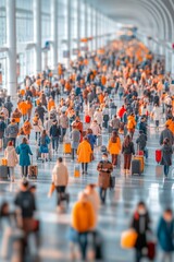 A sea of travelers with luggage fills a bright modern terminal.