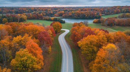 Obraz premium A picturesque road meanders through a forest painted in warm autumn hues, leading to a tranquil lake nestled amidst the colorful trees, under a moody gray sky