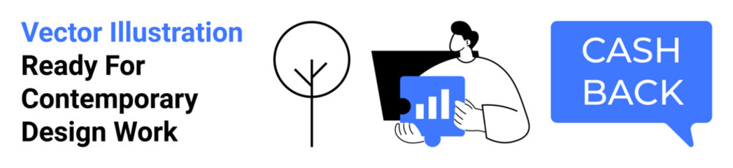 Abstract tree, person analyzing growth chart on screen, cashback message in speech bubble. Ideal for finance, savings, business growth, data insights, marketing, e-commerce flat landing page banner