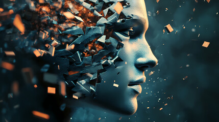 Deconstructed human face fragmenting into small pieces representing personal identity crisis and social media criticism. Deconstructed Reality. Illustration