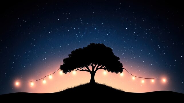 A serene silhouette of a tree adorned with glowing lights against a starry night sky - Powered by Adobe