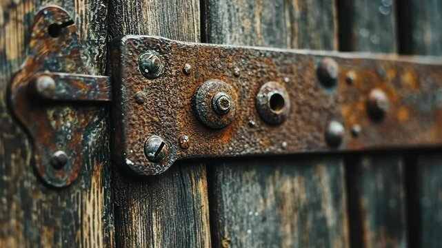 close-up of rusty hinge on old wooden door, perfect for illustrating aged craftsmanship and decay