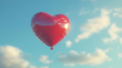 Obraz premium Red Heart Balloon Floating in a Clear Blue Sky with Soft Clouds