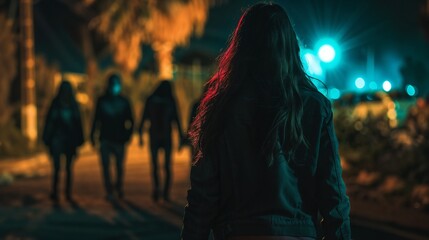 A young woman with long hair stands alone in the foreground, viewed from behind, as a threatening group of hooded figures approaches her in a dimly lit urban area at night
