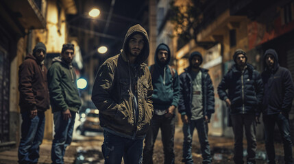 Hooded young people standing menacingly in dark urban alley at night, illuminated by streetlights. Group of migrant individuals wearing casual clothes creating threatening atmosphere in city street