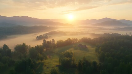 3d landscape modeling of a serene valley at dawn with foggy mountain range sunrise and tranquil nature scenery