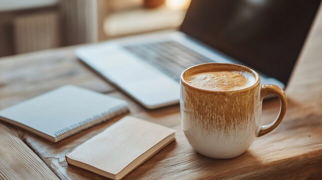Coffee, laptop, and notebooks on wooden desk ready for productive day ahead