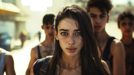 Fototapeta premium young caucasian woman worried and scared, harassed and chased by a group of delinquent immigrant individuals