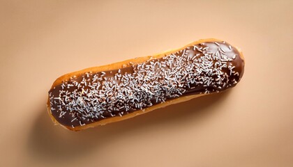 Long John Coconut Donut with Chocolate Sprinkles on Beige Background Isolated