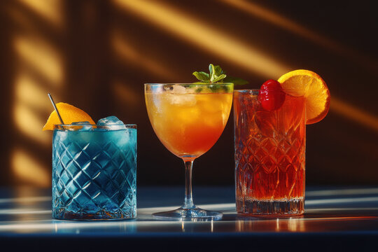 Three colorful cocktails, garnished with fruit and umbrellas, arranged neatly on a wooden table, ready to be enjoyed in a tropical setting.