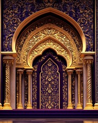 Intricate purple and gold archway with decorative pillars stands elegantly