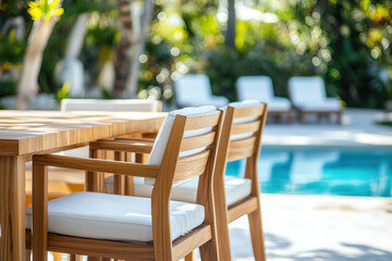 Poolside dining area with modern wooden furniture