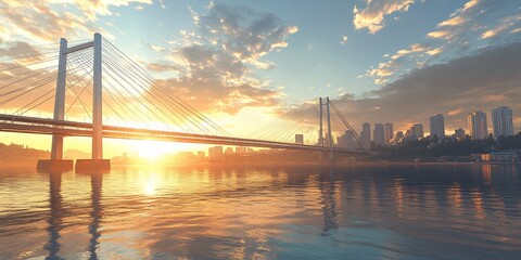 Fototapeta premium Sunset over city bridge, calm river. Urban landscape