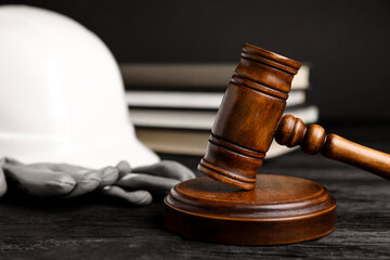Accident at work concept. Gavel, books and construction worker's protective gear on black wooden table, selective focus