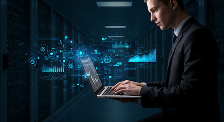 Businessman Working On Laptop In Server Room With Data Visualization