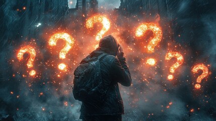 Obraz premium Contemplative Figure Amidst an Urban Mystery and Fiery Questions